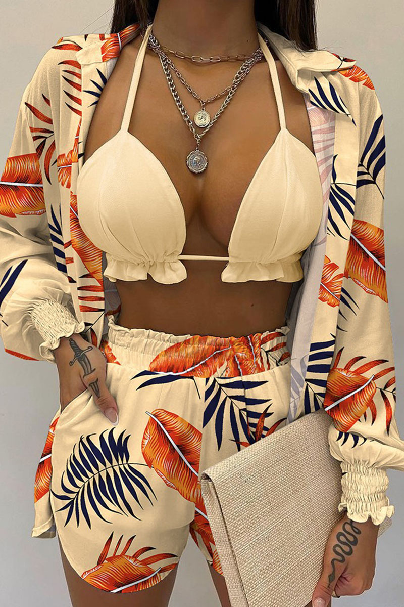 

Khaki Sexy Print Split Joint Turndown Collar Long Sleeve Three Pieces