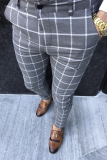 Navy Blue Fashion Work Plaid Basic Mid Waist Pencil Full Print Bottoms