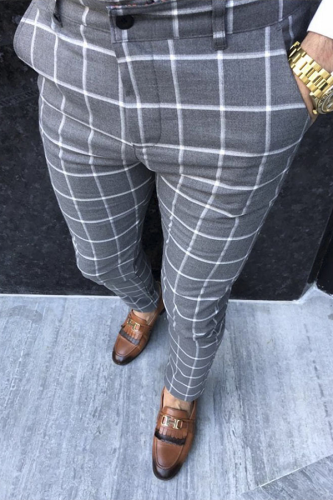 Pantaloni stampati a vita media a matita scozzese da lavoro alla moda grigio scuro