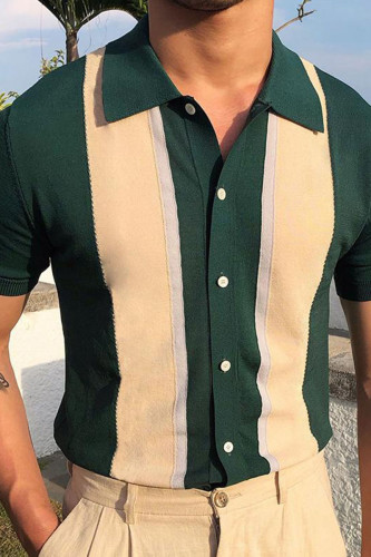 Tops de colarinho dobrado verde moda casual patchwork sólido