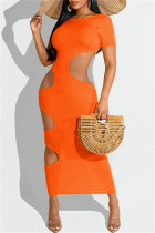 Oranje mode sexy effen uitgeholde O-hals jurk met korte mouwen