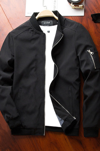 Black Casual Solid Split Joint Zipper Mandarin Collar Outerwear