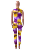 Желто-фиолетовый модный сексуальный бинт с принтом, вырезанный наполовину водолазкой, узкие комбинезоны