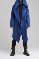Blauwe mode casual effen patchwork zak met capuchon en kraag bovenkleding
