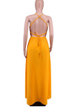 Yellow Sexy Solid Patchwork Spaghetti Strap Sling Dress Dresses
