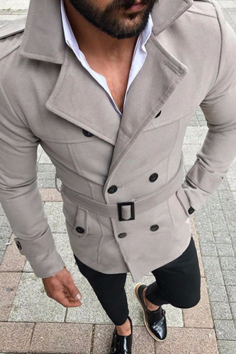 Prendas de abrigo con hebilla de bolsillo sólido informal de moda gris claro con cuello vuelto de cinturón