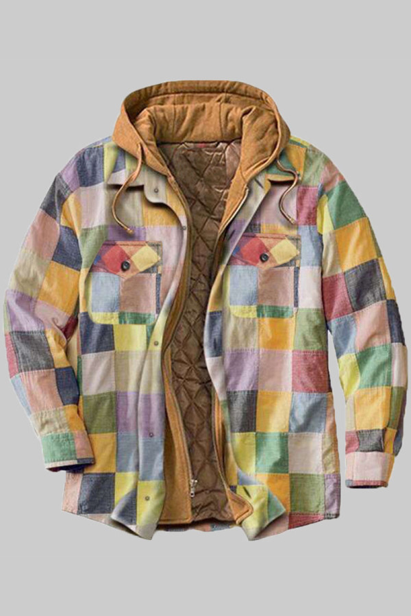 Capispalla con colletto con cappuccio patchwork casual scozzese alla moda multicolore