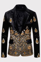 Vêtements d'extérieur noirs à col rabattu avec boutons en patchwork brodés à la mode