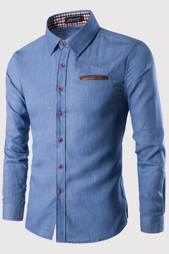 Tops de gola de camisa azul claro moda casual patchwork fivela