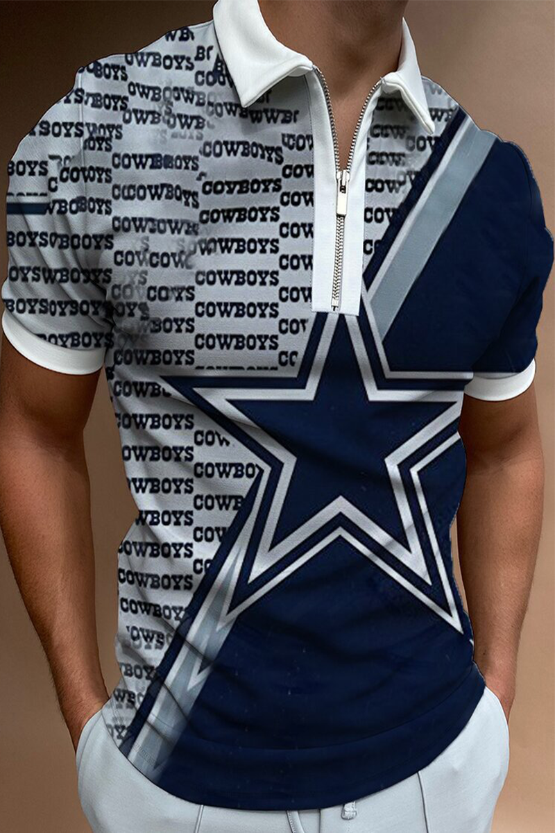 

Blue Fashion Casual Letter The stars Split Joint Zipper POLO collar Tops