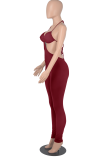 Burgundy Sexy Solid Patchwork Halter Skinny Jumpsuits