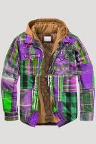 Green Purple Fashion Casual Plaid Patchwork Hooded Collar Outerwear