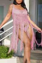 Pink Sexy Solid Tassel Hollowed Out Patchwork Swimwears Cover Up