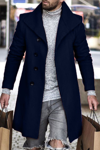 Navy Blue Fashion Casual Solid Cardigan Turndown Collar Outerwear