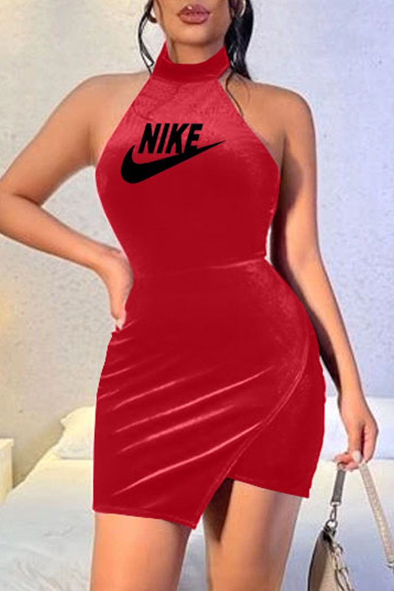 

Red Fashion Sexy Print Backless O Neck One Step Skirt Dresses