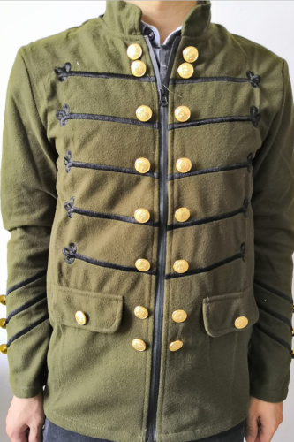Army Green Casual Patchwork Buttons Mandarin Collar Outerwear