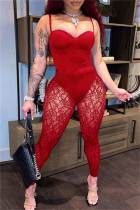 Красный сексуальный однотонный лоскутное прозрачное платье с открытой спиной на тонких бретелях без рукавов из двух частей