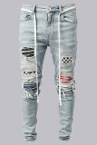 Baby Blue Fashion Street Patchwork Ripped Mid Waist Pencil Bottoms