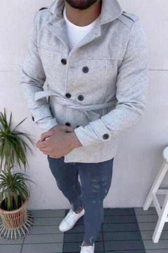 Grey Casual Solid Buckle With Belt Turndown Collar Outerwear