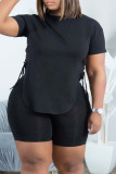 ブラックファッションカジュアルソリッド包帯Oネックプラスサイズツーピース