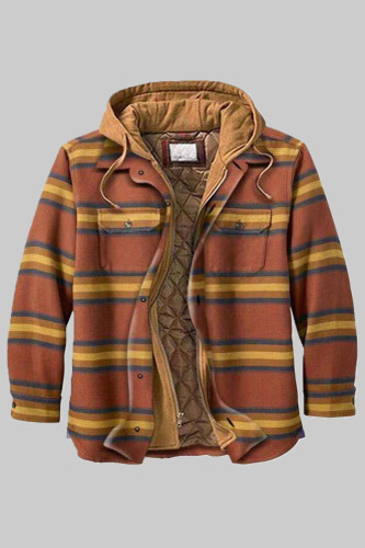 Yellow Brown Fashion Casual Plaid Split Joint Hooded Collar Outerwear