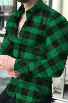 Green Fashion Casual Plaid Print Patchwork Buckle Turndown Collar Tops