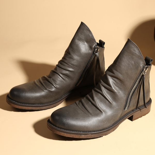 Grey Fashion Fold Zipper Round Leather Shoes