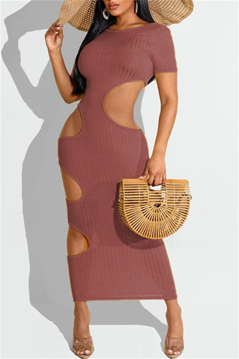 

Brown Fashion Sexy Solid Hollowed Out O Neck Short Sleeve Dress