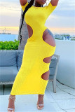 Gele mode sexy effen uitgeholde O-hals jurk met korte mouwen
