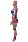 Poederblauw Mode Sexy Print Bandage Uitgeholde Halve Coltrui Skinny Jumpsuits