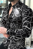 White Black Fashion Print Patchwork Buckle Turndown Collar Tops