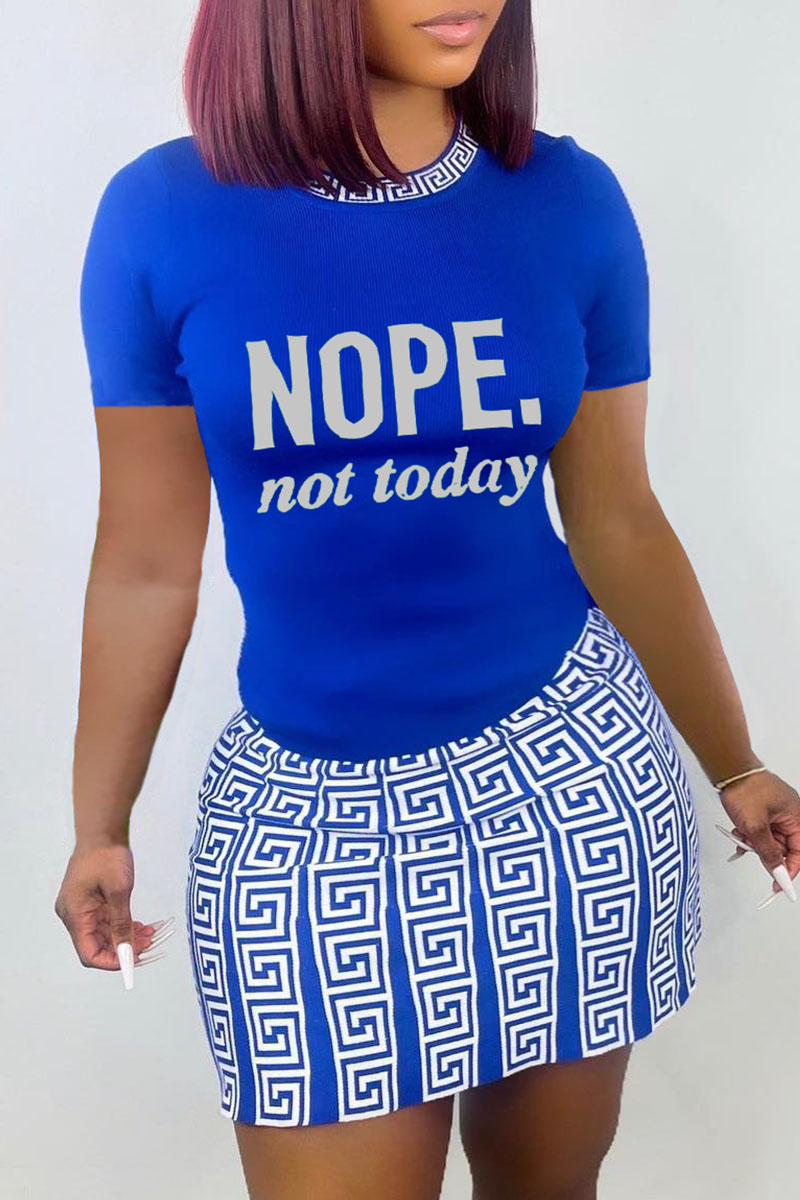 

Peacock Blue Casual Print Split Joint O Neck Short Sleeve Two Pieces