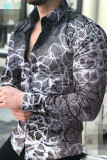 Grey Fashion Casual Print Patchwork Buckle Turndown Collar Tops