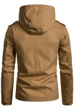Khaki Fashion Casual Solid Draw String Buckle Hooded Collar Outerwear
