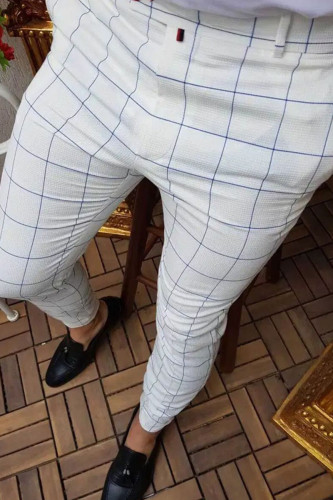 Pantalones lápiz de cintura media con retazos a cuadros casuales de moda blancos