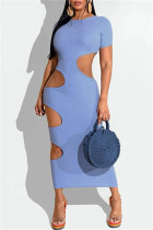 Blaue Mode Sexy Solide Ausgehöhltes Kurzarmkleid mit O-Ausschnitt