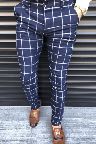 Pantaloni stampati a vita media a matita scozzese da lavoro alla moda blu navy