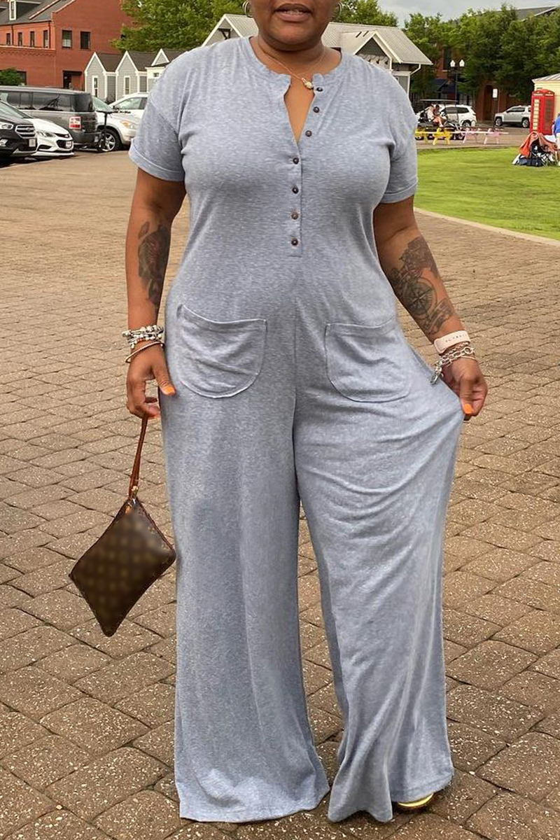 

Grey Fashion Casual Solid Split Joint V Neck Plus Size Jumpsuits