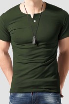 T-shirt masculina casual moda casual sólida básica com gola redonda verde exército