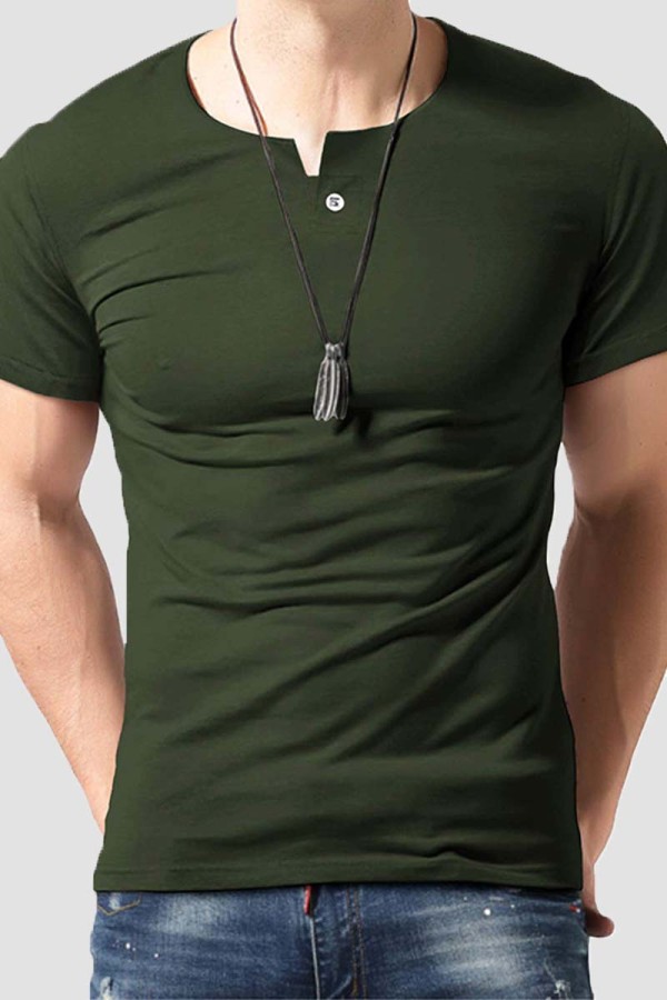 Армейская зеленая модная повседневная однотонная базовая мужская футболка с круглым вырезом