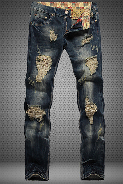 

The cowboy blue Street Print Ripped Make Old Bottoms (Without Belt)