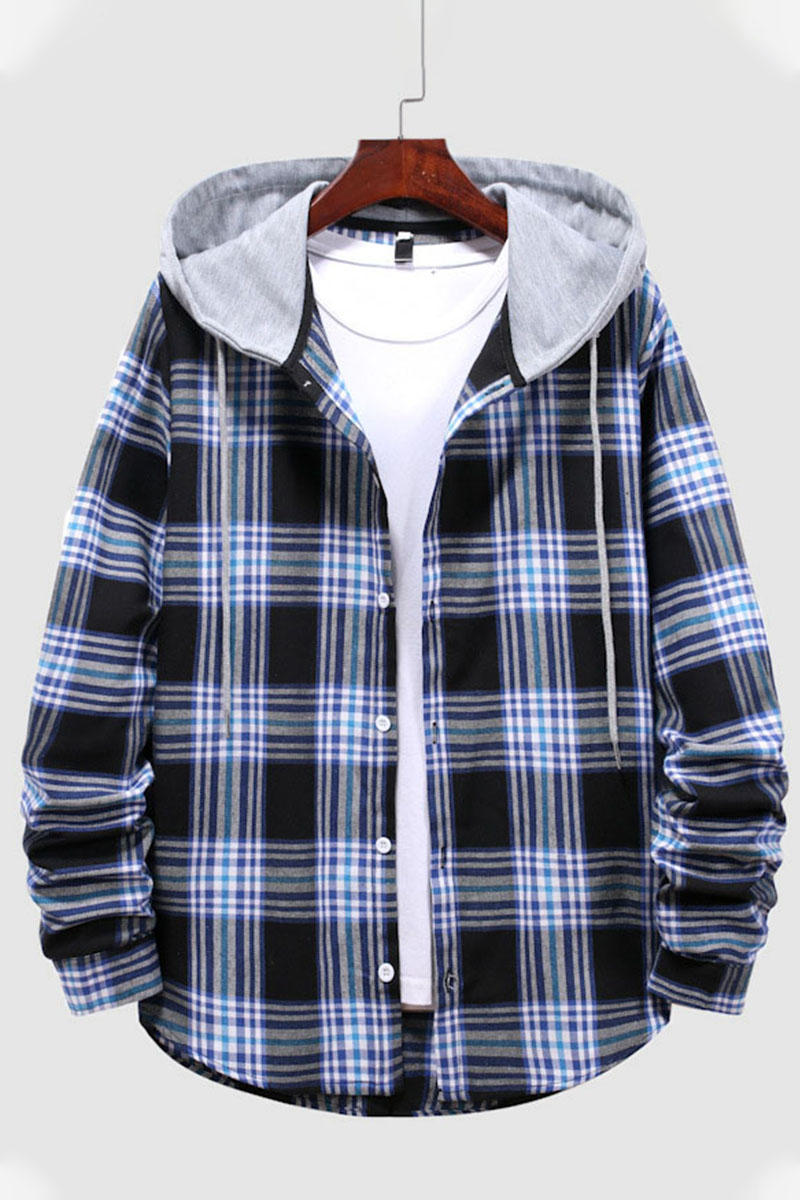 

Blue Casual Plaid Print Split Joint Buckle Hooded Collar Tops