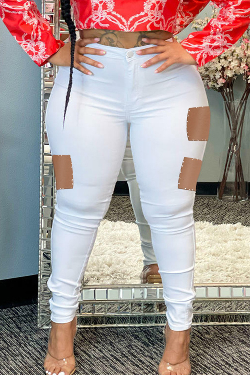 

White Fashion Casual Solid Ripped Hollowed Out Plus Size Jeans