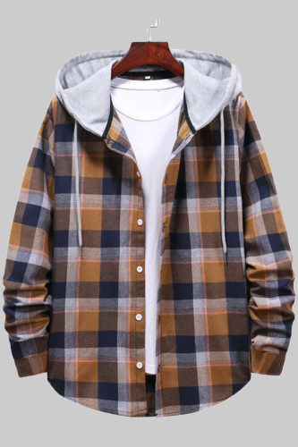 Coffee Fashion Casual Plaid Split Joint Hooded Collar Outerwear