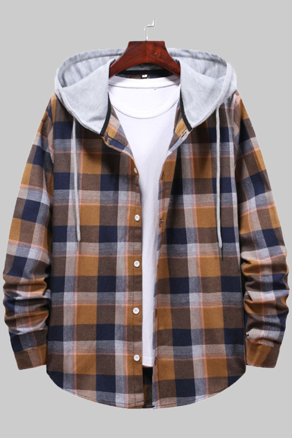 Coffee Fashion Casual Plaid Patchwork Hooded Collar Outerwear