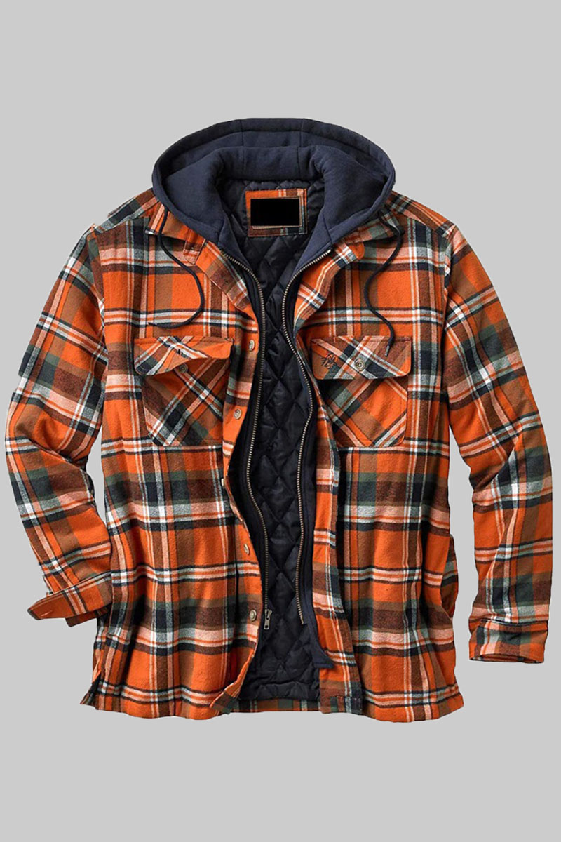 

Orange Fashion Casual Plaid Split Joint Hooded Collar Outerwear