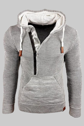 Light Gray Fashion Casual Solid Split Joint Hooded Collar Tops
