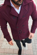Burgundy Fashion Casual Solid Pocket Buckle With Belt Turndown Collar Outerwear
