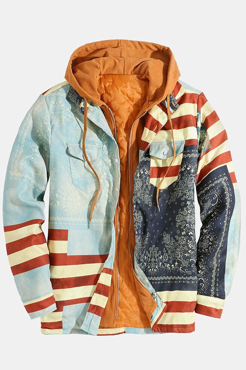 

Multicolor Fashion Casual Print Split Joint Hooded Collar Outerwear