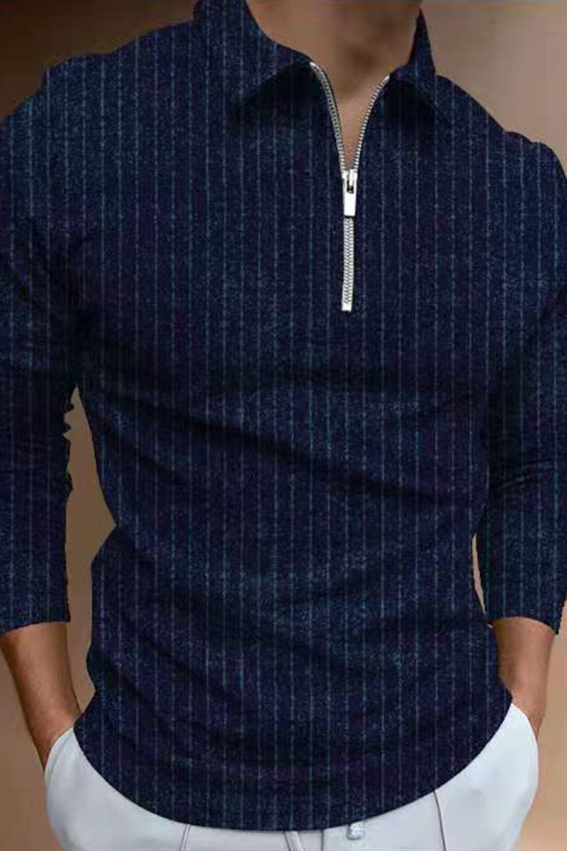 

Navy Blue Casual Striped Split Joint Zipper POLO collar Tops